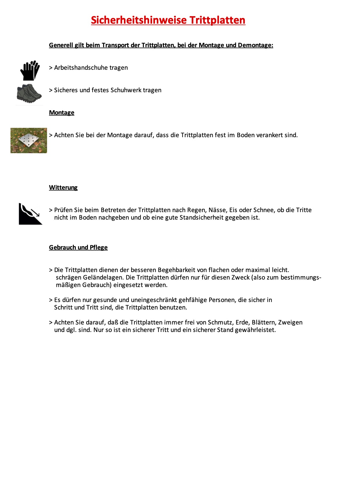 Sicherheitshinweise Trittplatten